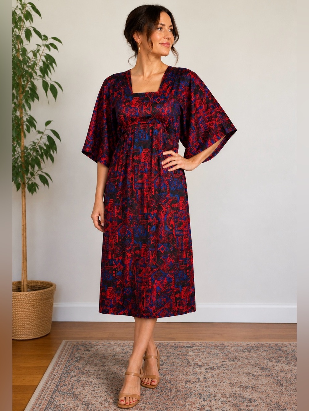 Nieves Lavi 100% Silk Abstract Midi Dress Dolman Sleeve Red Navy M